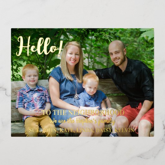 「近所に新しく引っ越してきました」写真付きお知らせ 箔シーズンポストカード (正面)