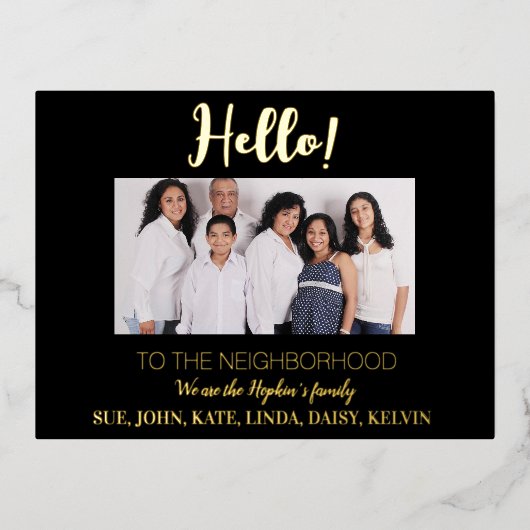 「近所に新しく引っ越してきました」写真付きお知らせ 箔シーズンポストカード (正面)