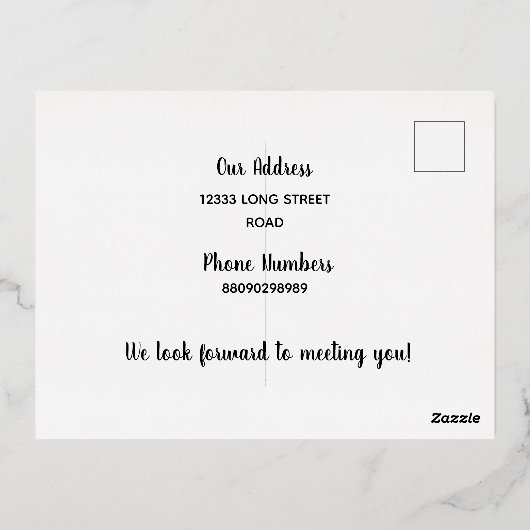 「近所に新しく引っ越してきました」写真付きお知らせ 箔シーズンポストカード (裏面)