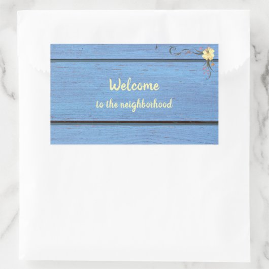 近所の青い木製の厚板へようこそ 長方形シール (バッグ)
