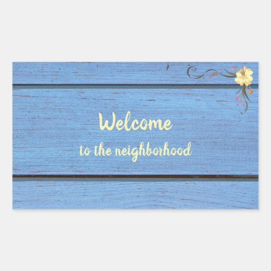 近所の青い木製の厚板へようこそ 長方形シール (正面)