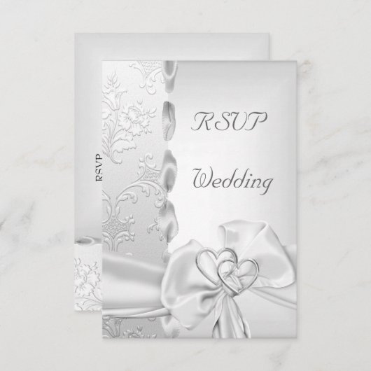 返信カード エレガント ウェディング フラワー シルバー ホワイト リボン ハート 招待状 (正面/裏面)