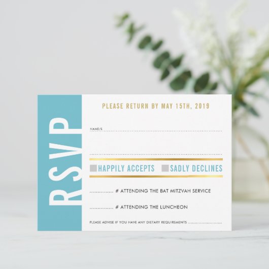 返信カード　ターコイズ　白　ハート　ゴールド 出欠カード (スタンド正面)