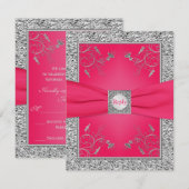 返信カード | ピンク, 偽のシルバーフォイル, 花柄 招待状 (正面/裏面)