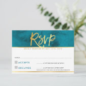 返信カード モダン ティールブルー ゴールド スクリプト (スタンド正面)