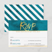 返信カード モダン ティールブルー ゴールド スクリプト (正面/裏面)