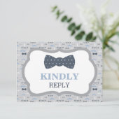 返信カード、RSVPカード、食べ物の選択、青、灰色 出欠カード (スタンド正面)