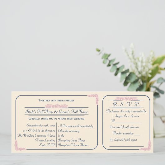 返信ハガキ付き ネイビーとピンクのチケットスタイル結婚式招待状 招待状 (スタンド正面)