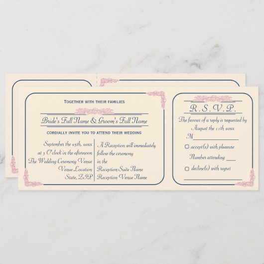 返信ハガキ付き ネイビーとピンクのチケットスタイル結婚式招待状 招待状 (正面/裏面)