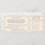 返信ハガキ付き ネイビーとピンクのチケットスタイル結婚式招待状 招待状 (正面)