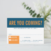 返信レスポンス楽しい太字ブロック紺色オレンジ 出欠カード (スタンド正面)