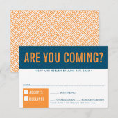 返信レスポンス楽しい太字ブロック紺色オレンジ 出欠カード (正面/裏面)