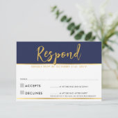 返信案内 現代風 シンプル ネイビーブルー ゴールド 出欠カード (スタンド正面)