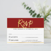 返信案内 現代風 ダークレッド ワインレッド ゴールドの筆記 出欠カード (スタンド正面)