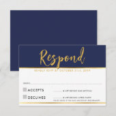 返信案内 現代 簡潔 ネイビーブルー ゴールド 出欠カード (正面/裏面)