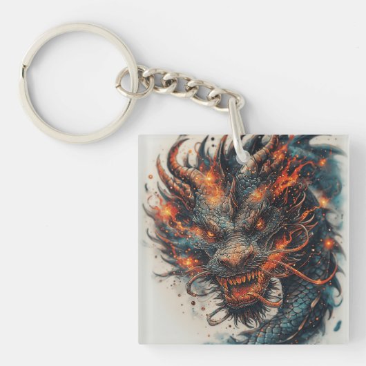 🐉 迫力あるドラゴンのヘッド 神話ファンタジー大胆アート キーホルダー (正面)