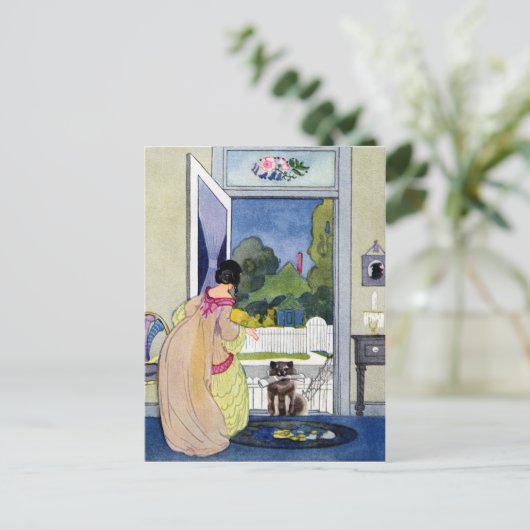 迷い犬が新聞をくわえて帰宅する ポストカード (スタンド正面)