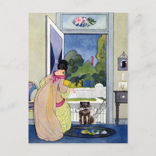 迷い犬が新聞をくわえて帰宅する ポストカード (正面)