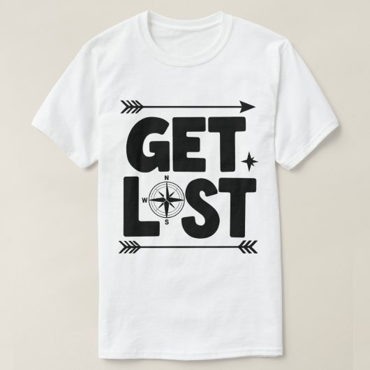 迷子のコンパス矢印アドベンチャータイポグラフィ Tシャツ (デザイン正面)