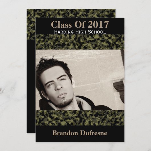 迷彩と黒の卒業パーティー招待状 招待状 (正面/裏面)