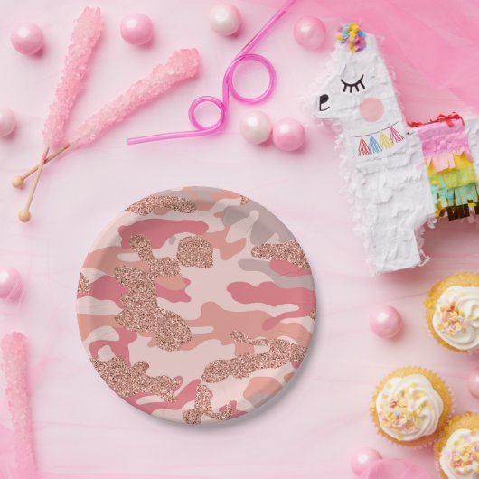 迷彩バラ金ゴールド赤面ピンク迷彩柄陸軍パターン ペーパープレート (パーティー)
