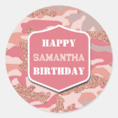 迷彩バラ金ゴールド赤面ピンク迷彩柄陸軍誕生日 ラウンドシール (正面)