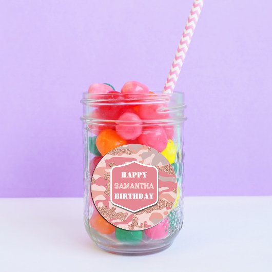 迷彩バラ金ゴールド赤面ピンク迷彩柄陸軍誕生日 ラウンドシール