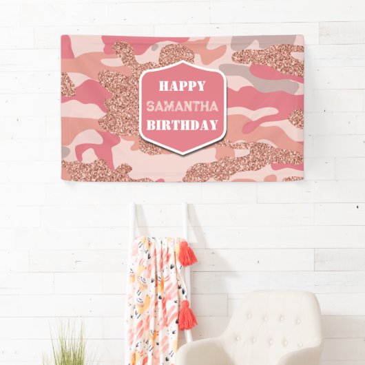 迷彩バラ金ゴールド赤面ピンク迷彩柄陸軍誕生日 横断幕 (インサイチュ)
