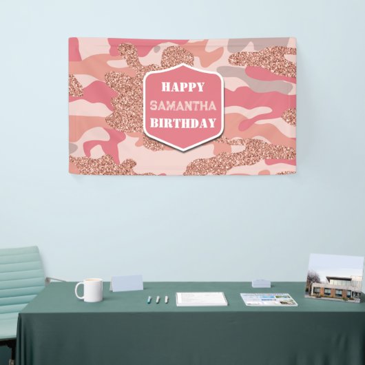 迷彩バラ金ゴールド赤面ピンク迷彩柄陸軍誕生日 横断幕 (トレードショー)