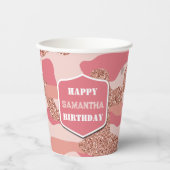 迷彩バラ金ゴールド赤面ピンク迷彩柄陸軍誕生日 紙コップ (正面)