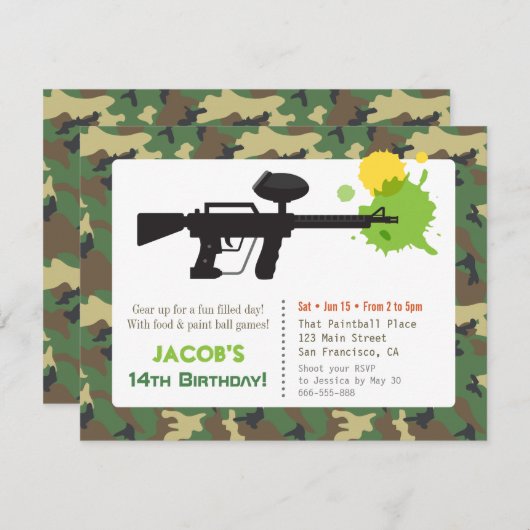 迷彩プリント絵を描ボール誕生日パーティー 招待状 (正面/裏面)