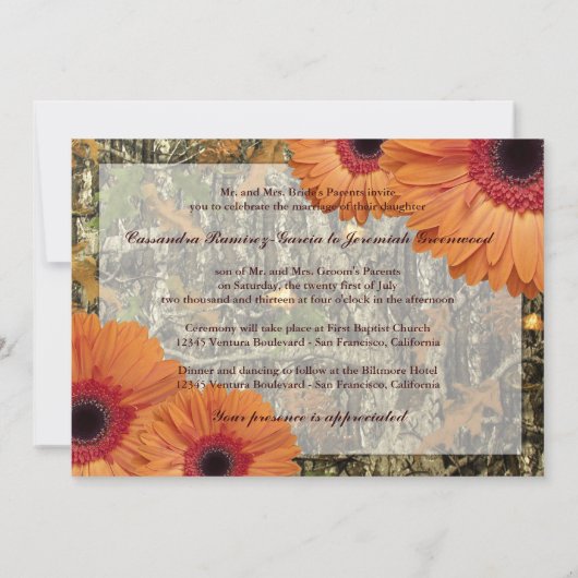 迷彩柄およびオレンジ演壇の結婚式招待状 招待状 (裏面)