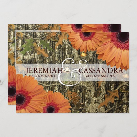 迷彩柄およびオレンジ演壇の結婚式招待状 招待状 (正面/裏面)