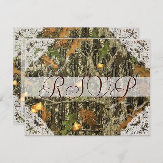 迷彩柄とアンティークホワイトレースウェディングRSVP 出欠カード (正面/裏面)