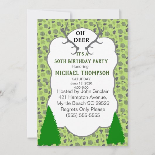 迷彩柄と鹿の〔雄ジカの〕枝角50th誕生日パーティー 招待状 (正面)