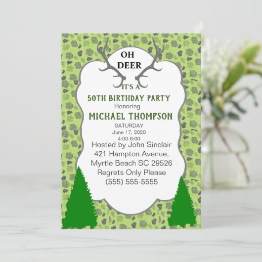 迷彩柄と鹿の〔雄ジカの〕枝角50th誕生日パーティー 招待状 (スタンド正面)
