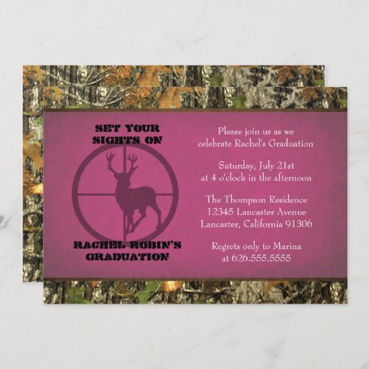 迷彩柄のショッキングピンクの卒業の招待状 招待状 (正面/裏面)