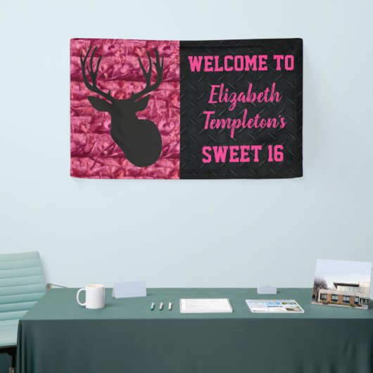 迷彩柄のピンクのSweet sixteenのシカの狩りの旗 横断幕 (トレードショー)