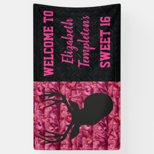 迷彩柄のピンクのSweet sixteenのシカの狩りの旗 横断幕 (縦)