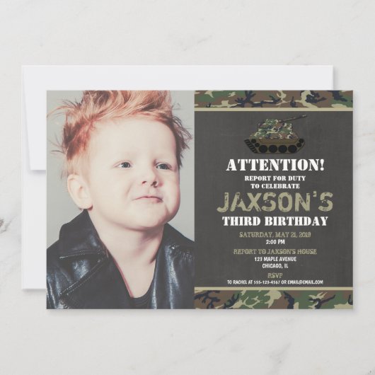 迷彩柄の戦車のカムフラージュの誕生日の写真 招待状 (正面)