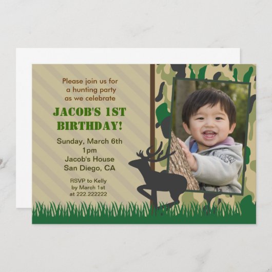 迷彩柄の狩りの写真の誕生日の招待状 招待状 (正面/裏面)