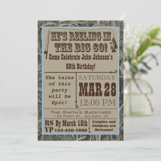 迷彩柄の第60誕生日の招待状の採取 招待状 (スタンド正面)