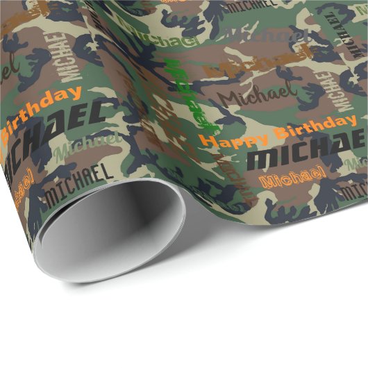 迷彩柄の繰り返し名ハッピーバースデーギフト ラッピングペーパー (ロールコーナー)