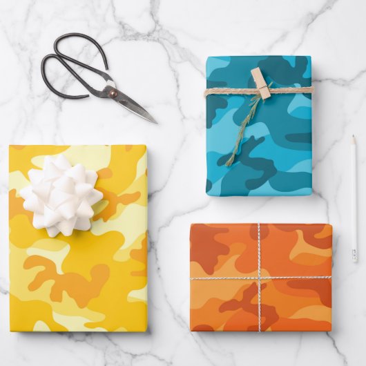 迷彩柄アドベンチャーピンクイエローブルーオレンジおもしろい ラッピングペーパーシート (正面)