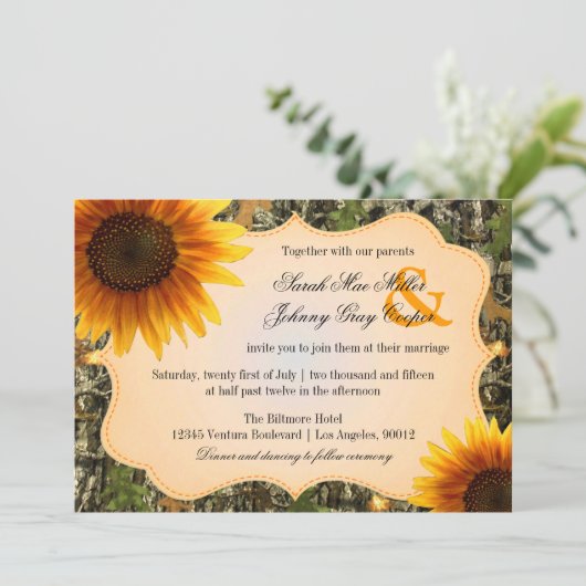 迷彩柄アンドオレンジサンフラワー結婚式招待状 招待状 (スタンド正面)