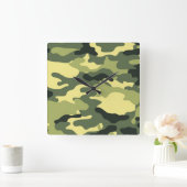 迷彩柄キャンプ狩りグリーンカモフラージュ スクエア壁時計 (ホーム)