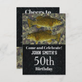 迷彩柄スモールマウスベース魚釣り50誕生日 招待状 (正面/裏面)