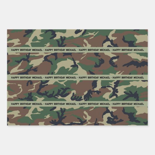 迷彩柄ハッピーバースデーのパーソナライズ名と文字3 ラッピングペーパーシート (正面)