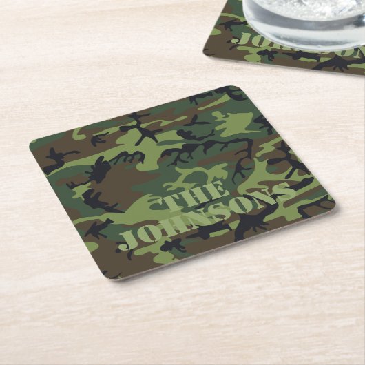 迷彩柄パーソナライズされた スクエアペーパーコースター (アングル)
