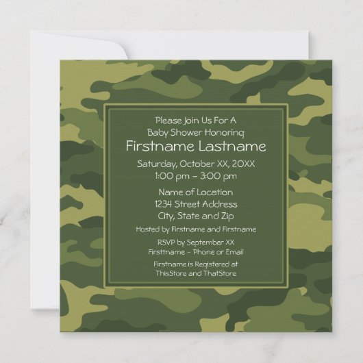 迷彩柄ベビーシャワーまたはパーティー 招待状 (正面)